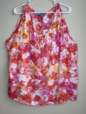 Blue Ginger Hawaiian Rayon Floral Tank Top Pink Orange XXL Beach Resort Casual